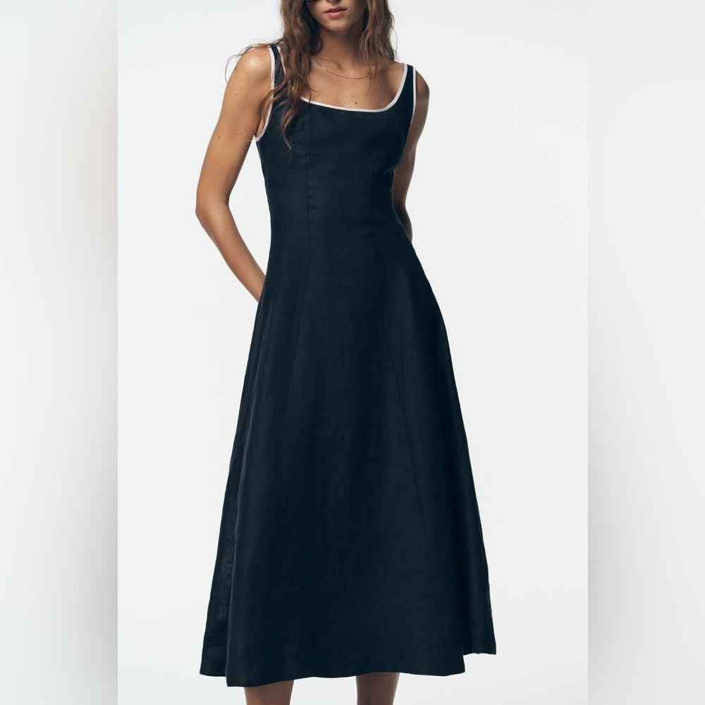 Zara NWT Blue & White 100% Linen Contrast Piping Midi Summer Dress (Size Medium) - Picture 2 of 9